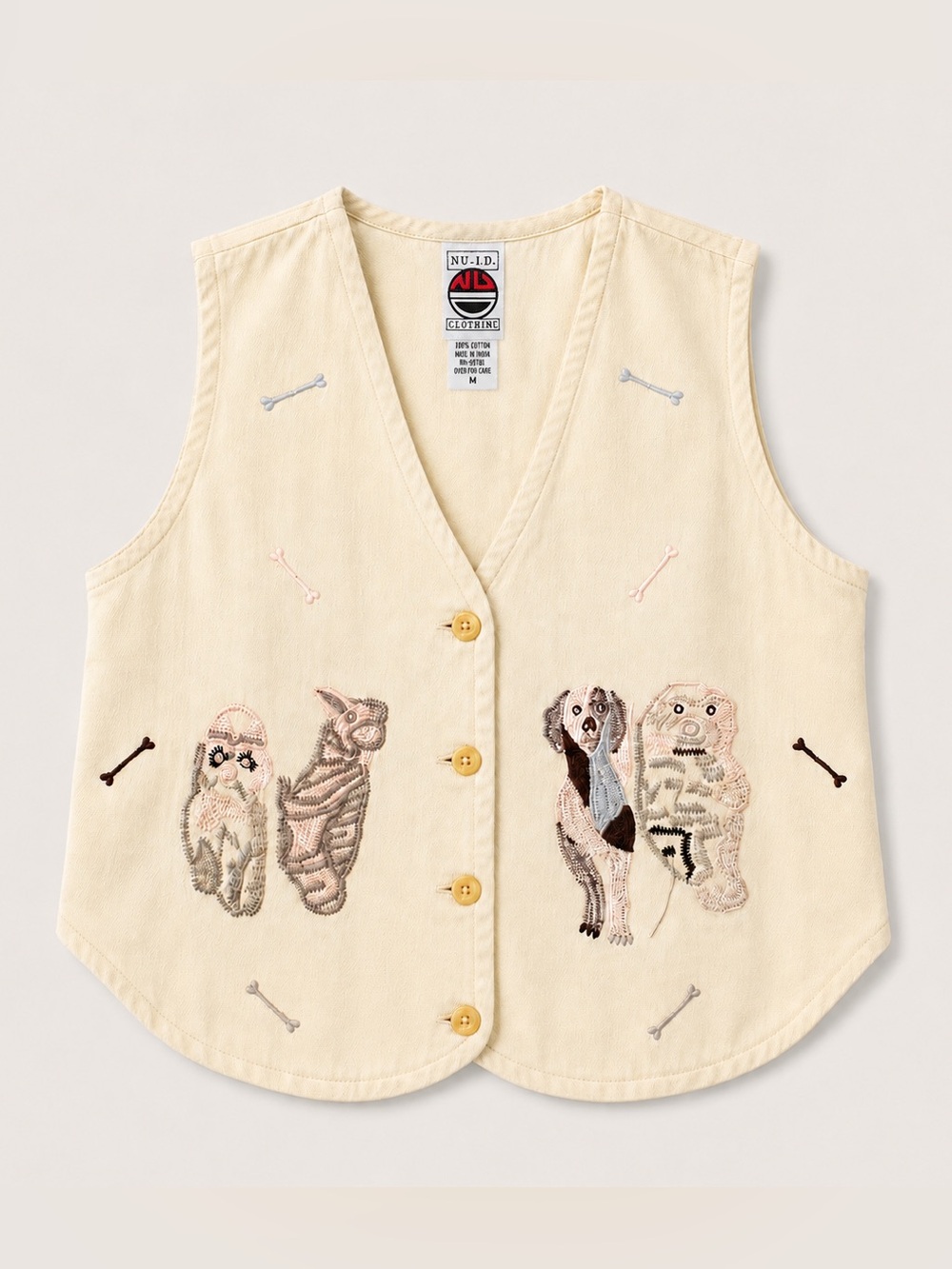 Vintage Cream Embroidered Cotton Vest Size Medium Animals Dog Bones